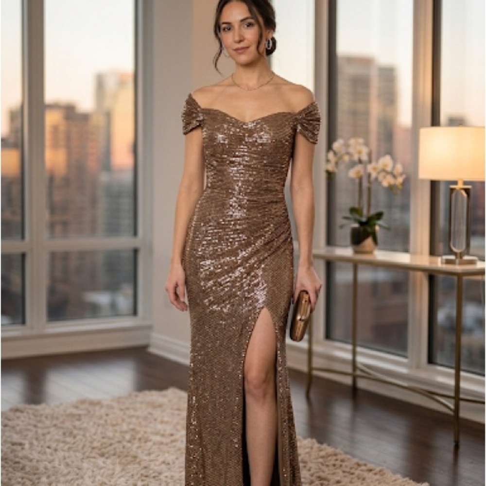 Women's Sparkle Brown High-Slit Evening Dress